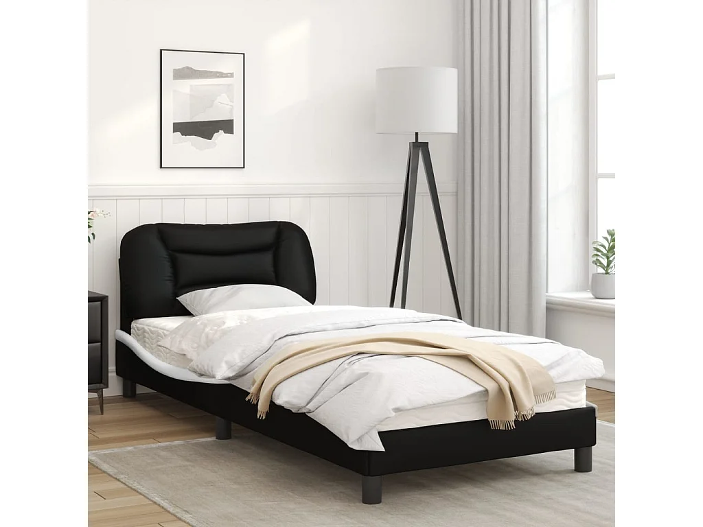 Cadre de lit avec tête de lit noir et blanc 90x190 similicuir