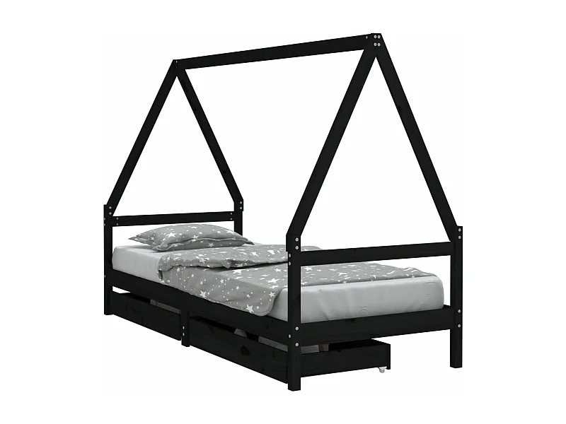 Cadre de lit enfant avec tiroirs noir 90x200 bois pin massif