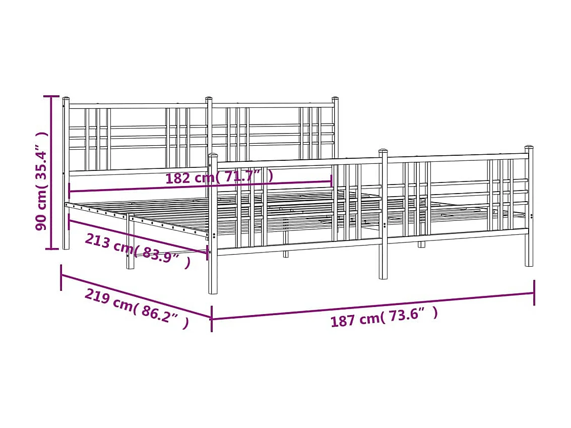 Cadre de lit métal avec tête de lit-pied de lit blanc 183x213