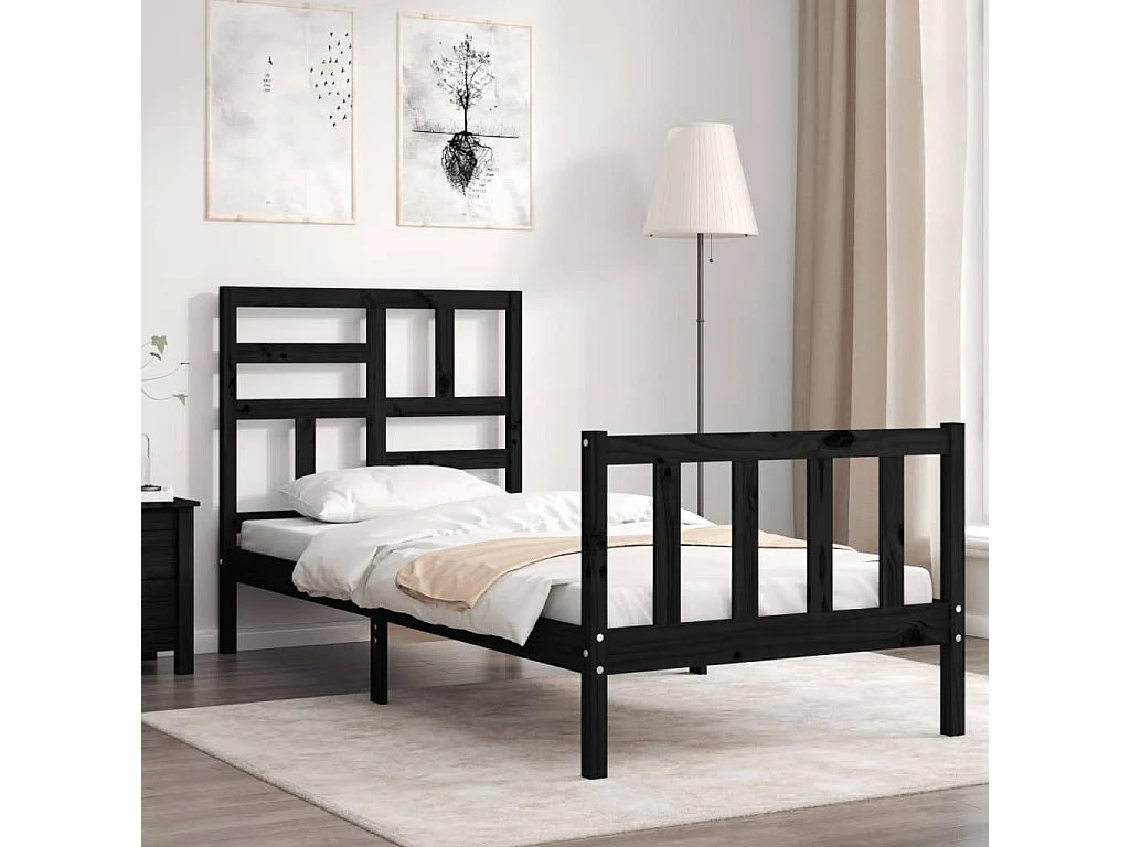 Cadre de lit avec tête de lit noir petit simple bois massif