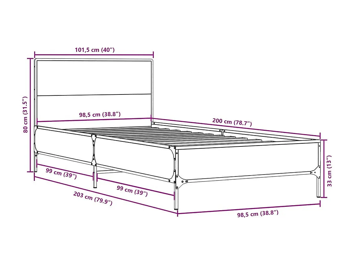 Cadre de lit chêne marron 100x200 bois d'ingénierie et métal