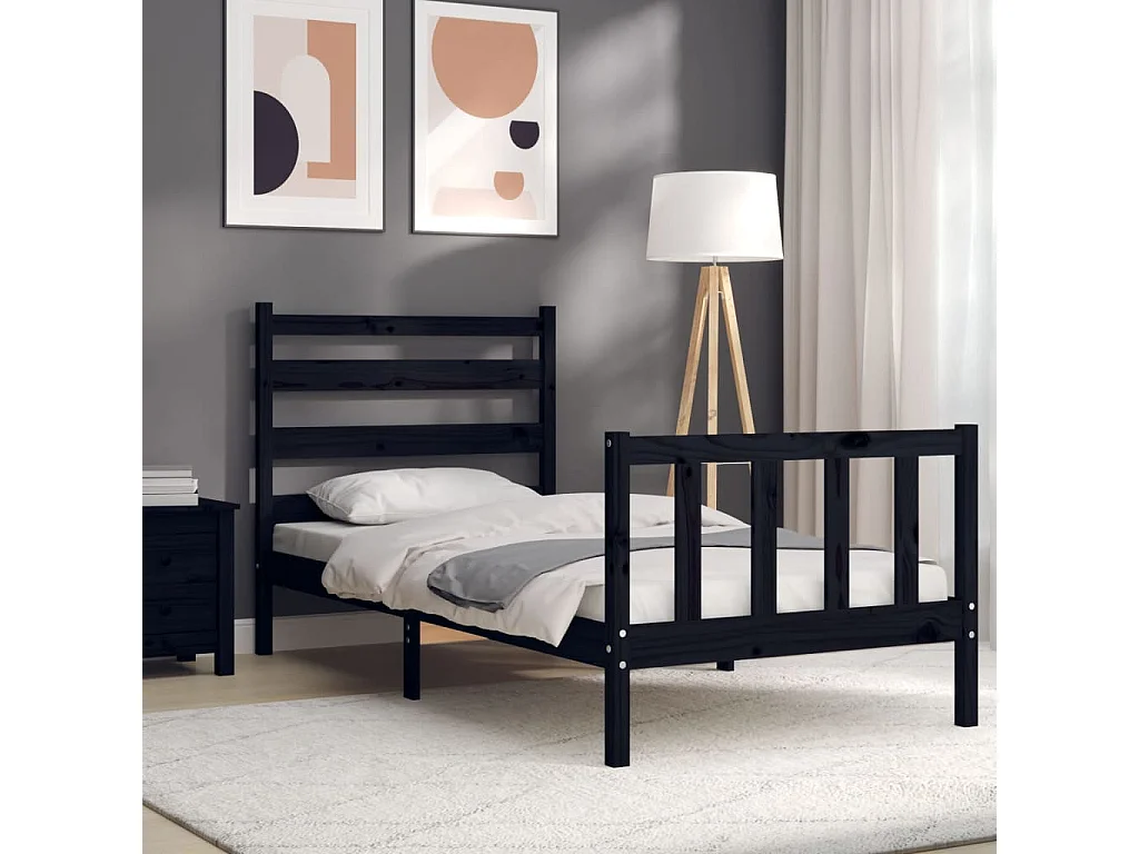 Cadre de lit avec tête de lit noir 90x190 bois massif