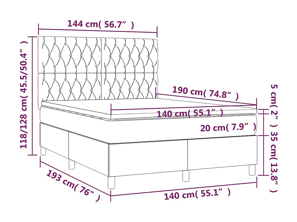 Sommier à lattes de lit et matelas Gris foncé 140x190 Velours