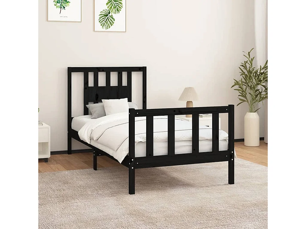 Cadre de lit et tête de lit noir bois de pin massif 100x200