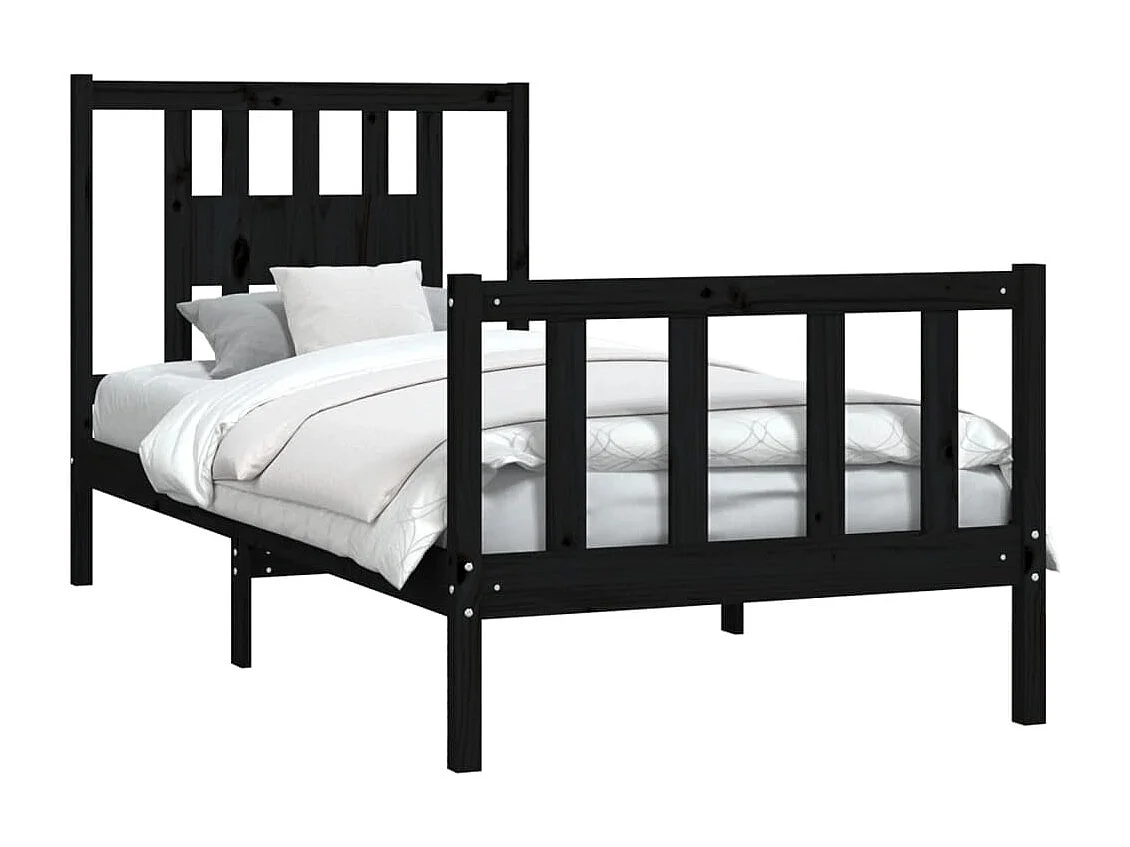 Cadre de lit et tête de lit noir bois de pin massif 100x200