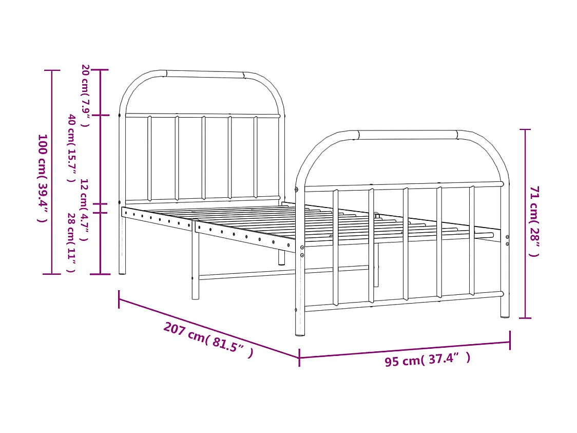Cadre de lit métal avec tête de lit-pied de lit noir 90x200