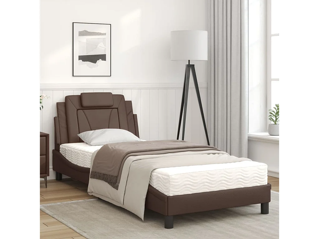 Lit avec matelas marron 90x190 similicuir