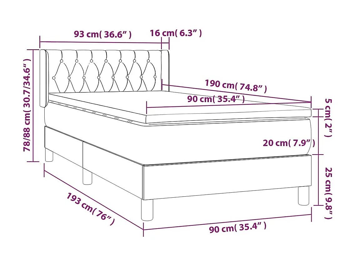 Sommier à lattes de lit avec matelas Noir 90x190 Velours