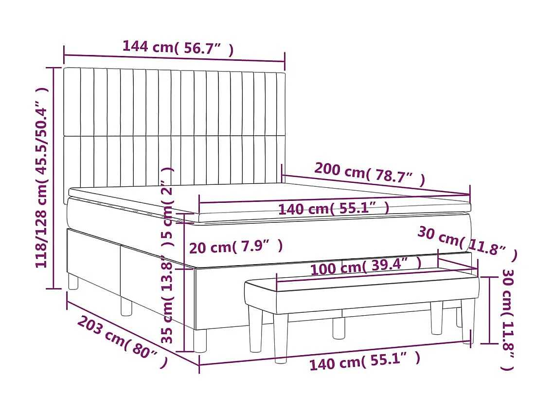 Sommier à lattes de lit et matelas Gris foncé 140x200 Velours