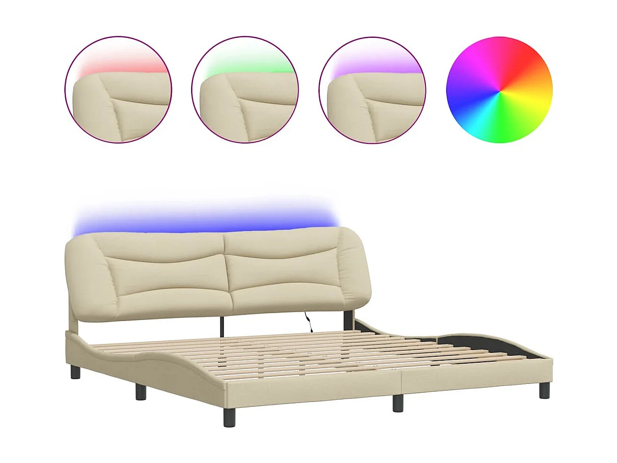 Cadre de lit avec lumières LED crème 200x200 tissu