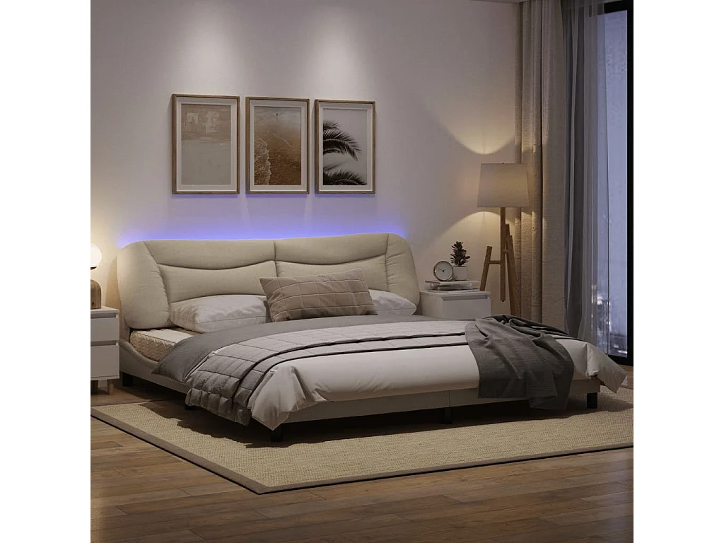 Cadre de lit avec lumières LED crème 200x200 tissu