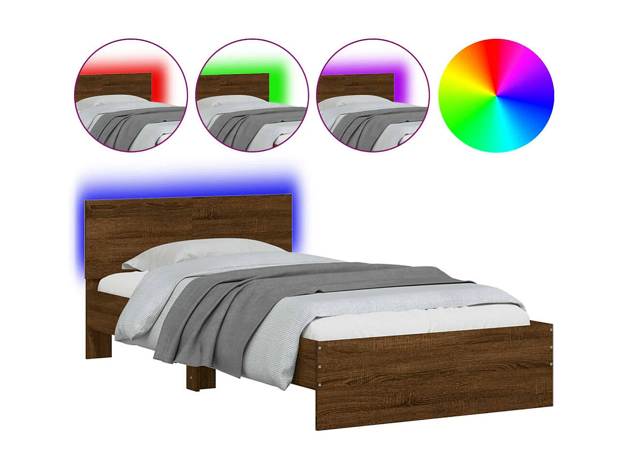 Cadre de lit tête de lit et lumières LED chêne marron 100x200