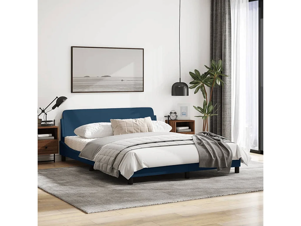 Cadre de lit avec tête de lit Bleu 160x200 Tissu