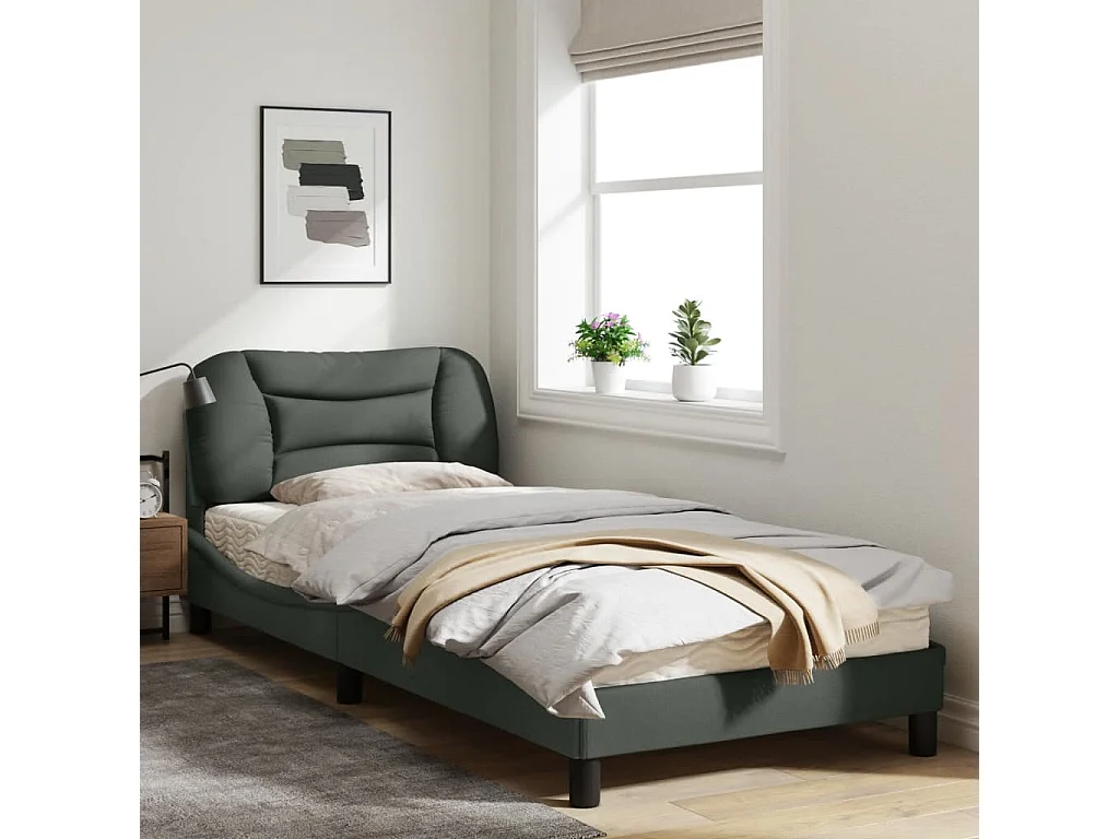 Cadre de lit avec lumières LED gris foncé 90x200 tissu