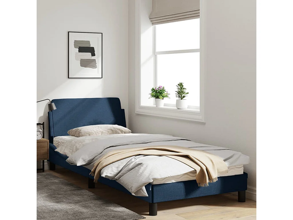 Bedframe met hoofdbord stof blauw 90x200 cm
