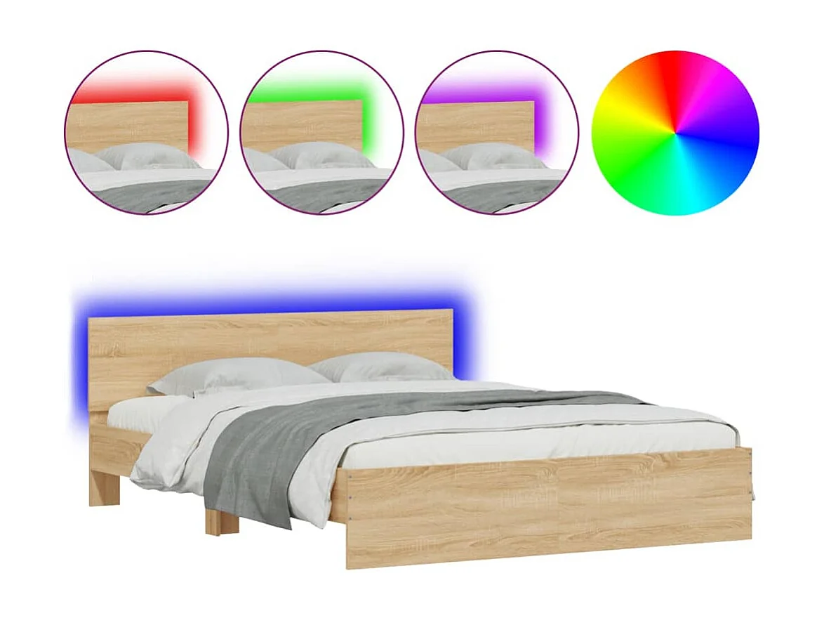 Cadre de lit avec tête de lit et LED chêne sonoma 150x200
