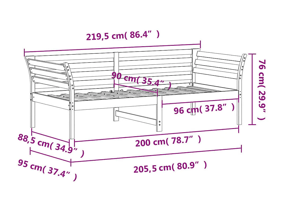 Lit de jour Blanc 90x200 Bois de pin massif