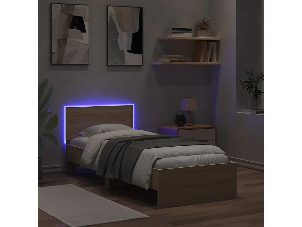 Cadre de lit tête de lit et lumières LED chêne sonoma 90x190