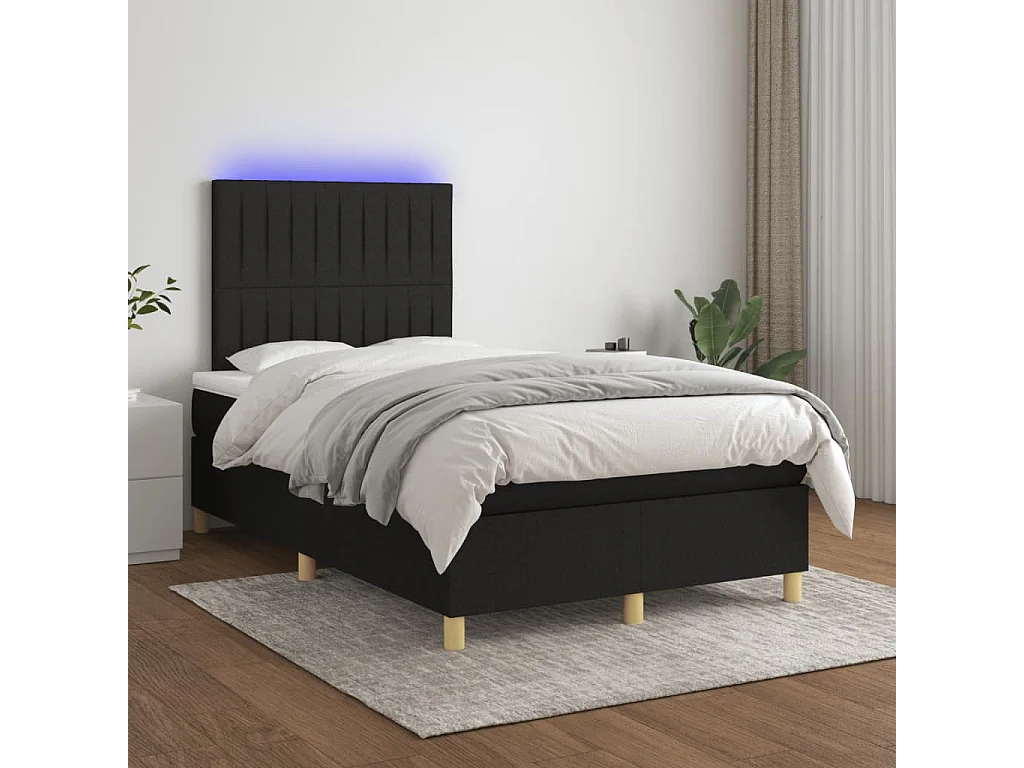 Sommier à lattes de lit matelas et LED noir 120x190 tissu