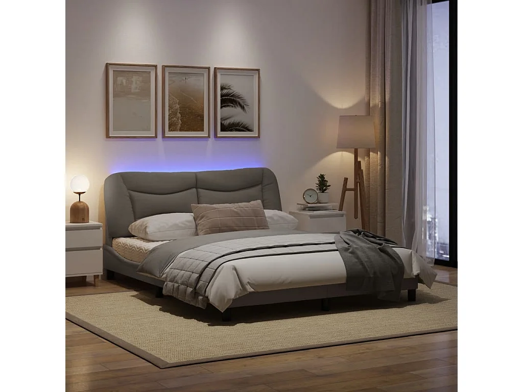 Cadre de lit avec lumières LED taupe 160x200 tissu