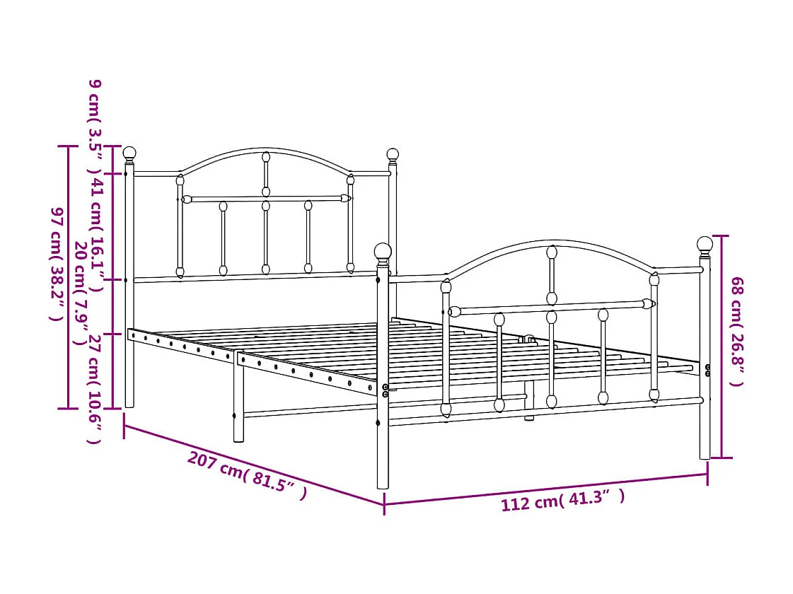 Cadre de lit métal avec tête de lit-pied de lit noir 107x203