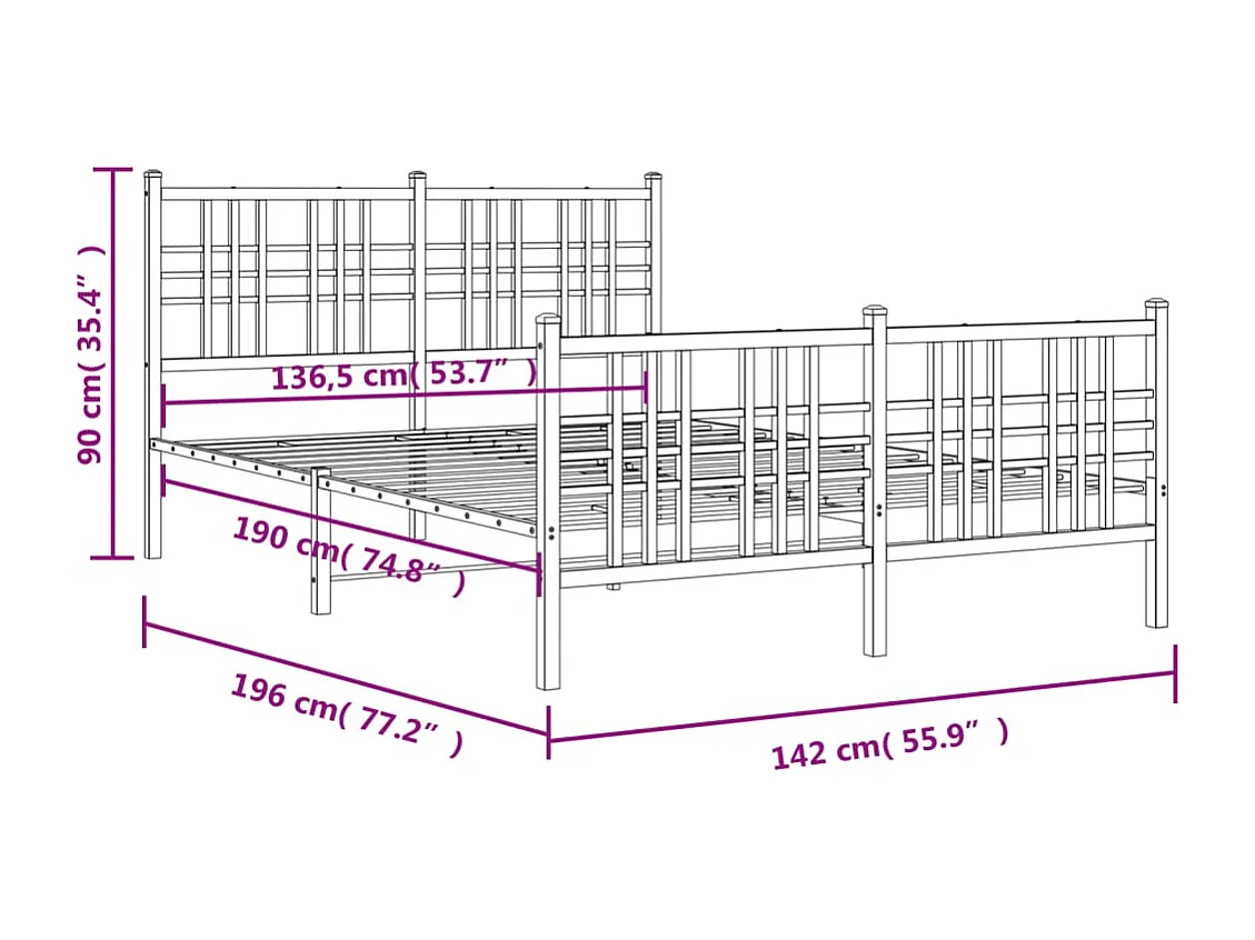 Cadre de lit métal avec tête de lit-pied de lit blanc 137x190
