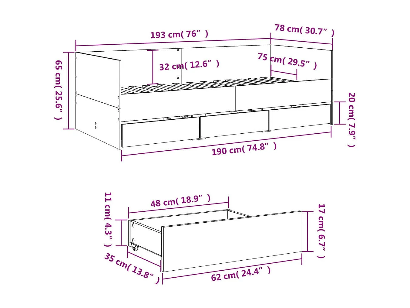 Lit de jour et tiroirs sonoma gris 75x190 bois d'ingénierie