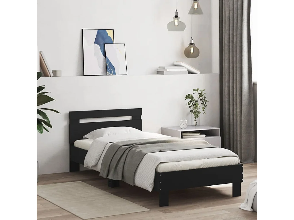 Cadre de lit avec tête de lit noir 75x190 bois d'ingénierie