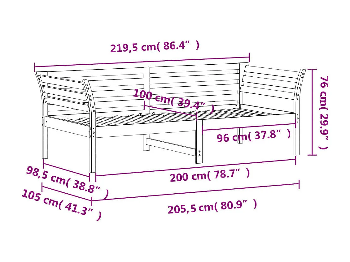 Lit de jour marron 100x200 bois de pin massif