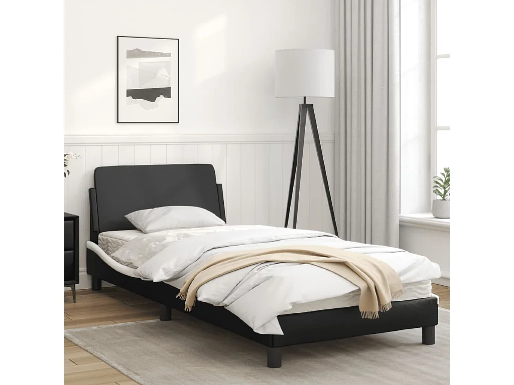 Cadre de lit avec tête de lit noir et blanc 90x200 similicuir