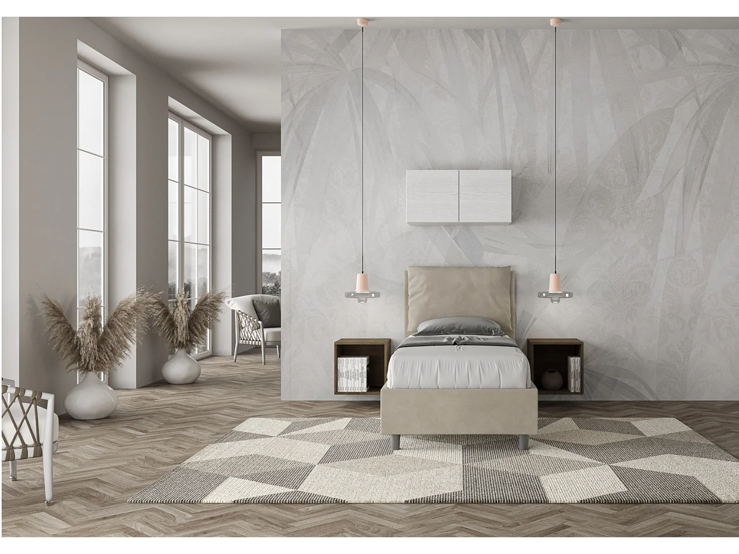 Lit adulte moderne avec coussins rembourrés microfibre Anja-Couleur Beige-90x190-Option Avec sommier