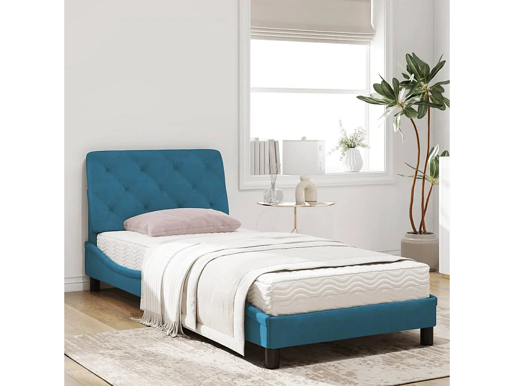 Lit avec matelas bleu 90x200 velours