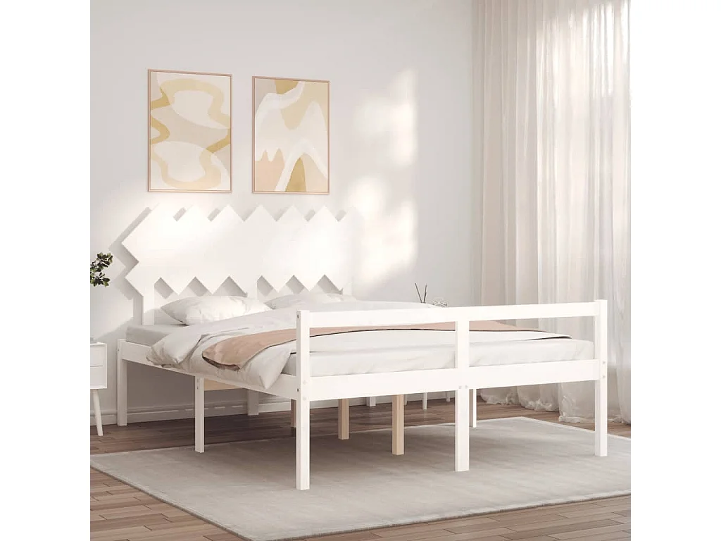 vidaXL Cama matrimonio personas mayores cabecero madera maciza blanco
