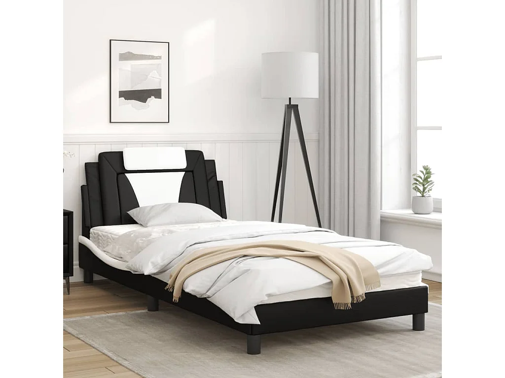 Cadre de lit et tête de lit noir et blanc 100x200 similicuir