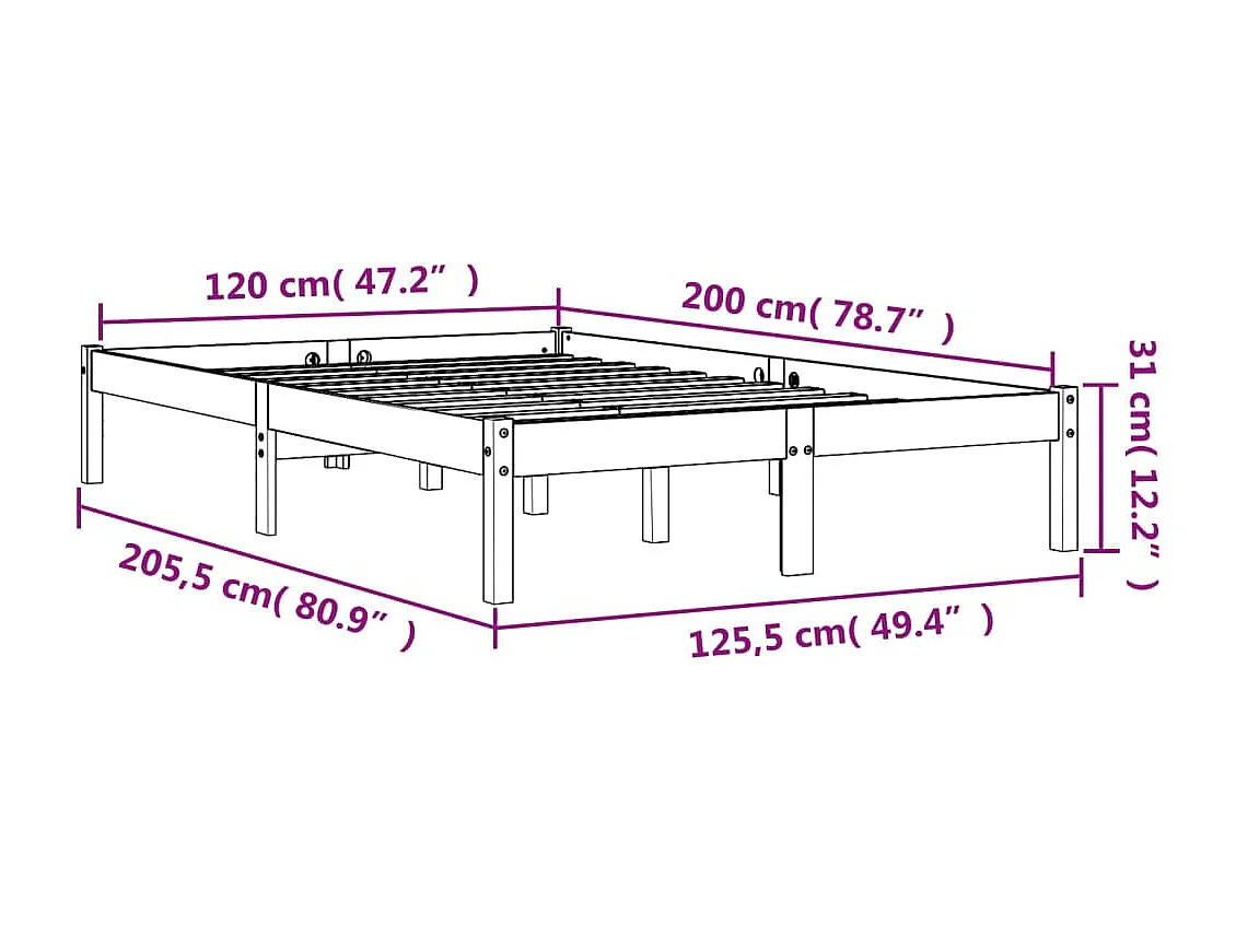 Cadre de lit marron 120x200 bois de pin massif