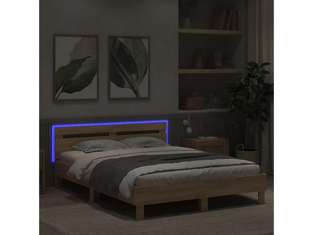 Cadre de lit avec tête de lit et LED chêne sonoma 150x200