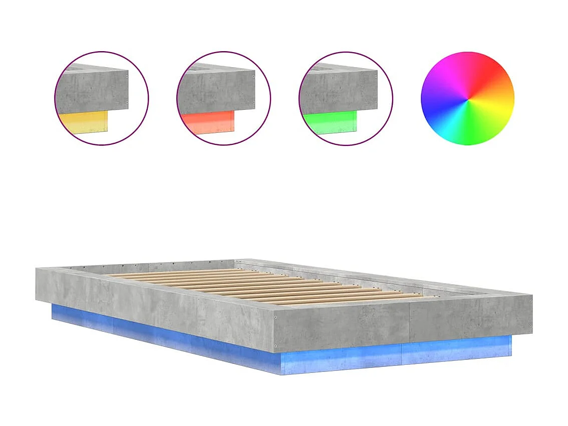 Cadre de lit avec lumières LED gris béton 90x190