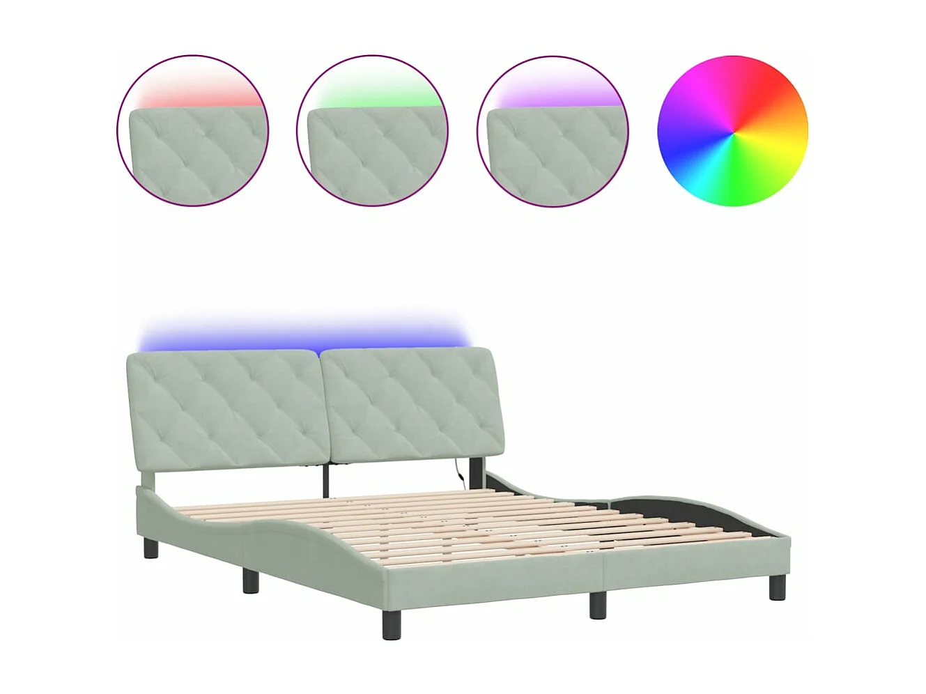 Cadre de lit avec lumières LED gris clair 160x200 velours