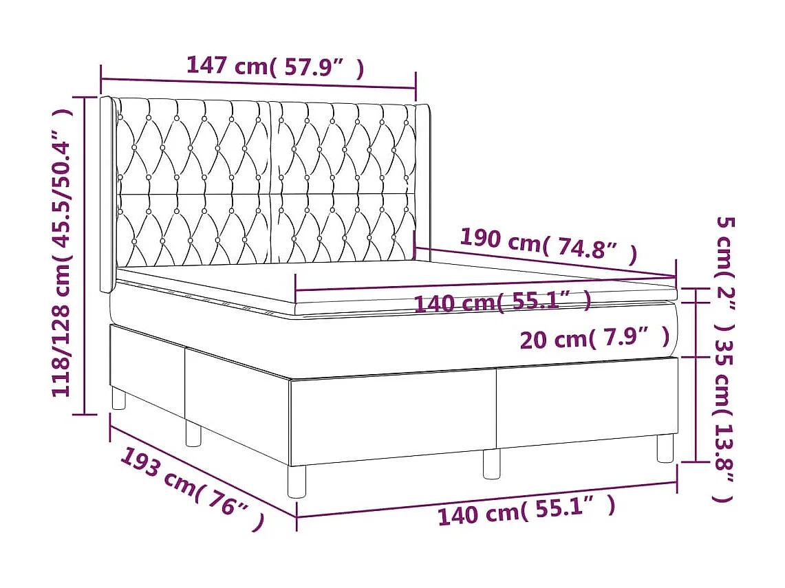 Sommier à lattes de lit avec matelas Noir 140x190 Tissu