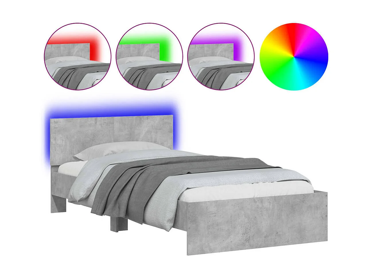 Cadre de lit tête de lit et lumières LED gris béton 100x200