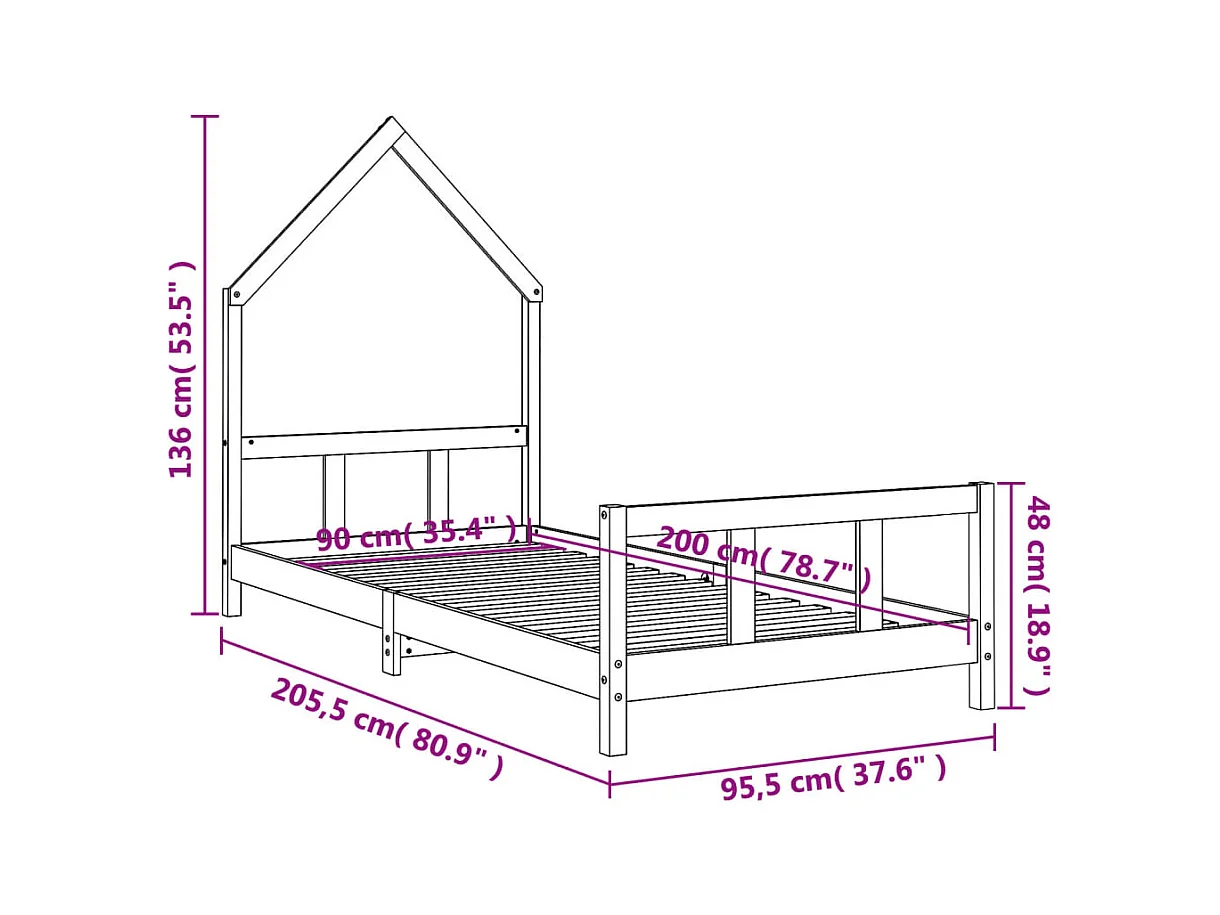 Cadre de lit pour enfants blanc 90x200 bois de pin massif