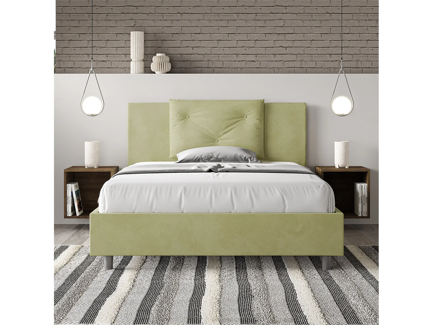 Lit double avec sommier rembourré 140x190 microfibre vert Appia