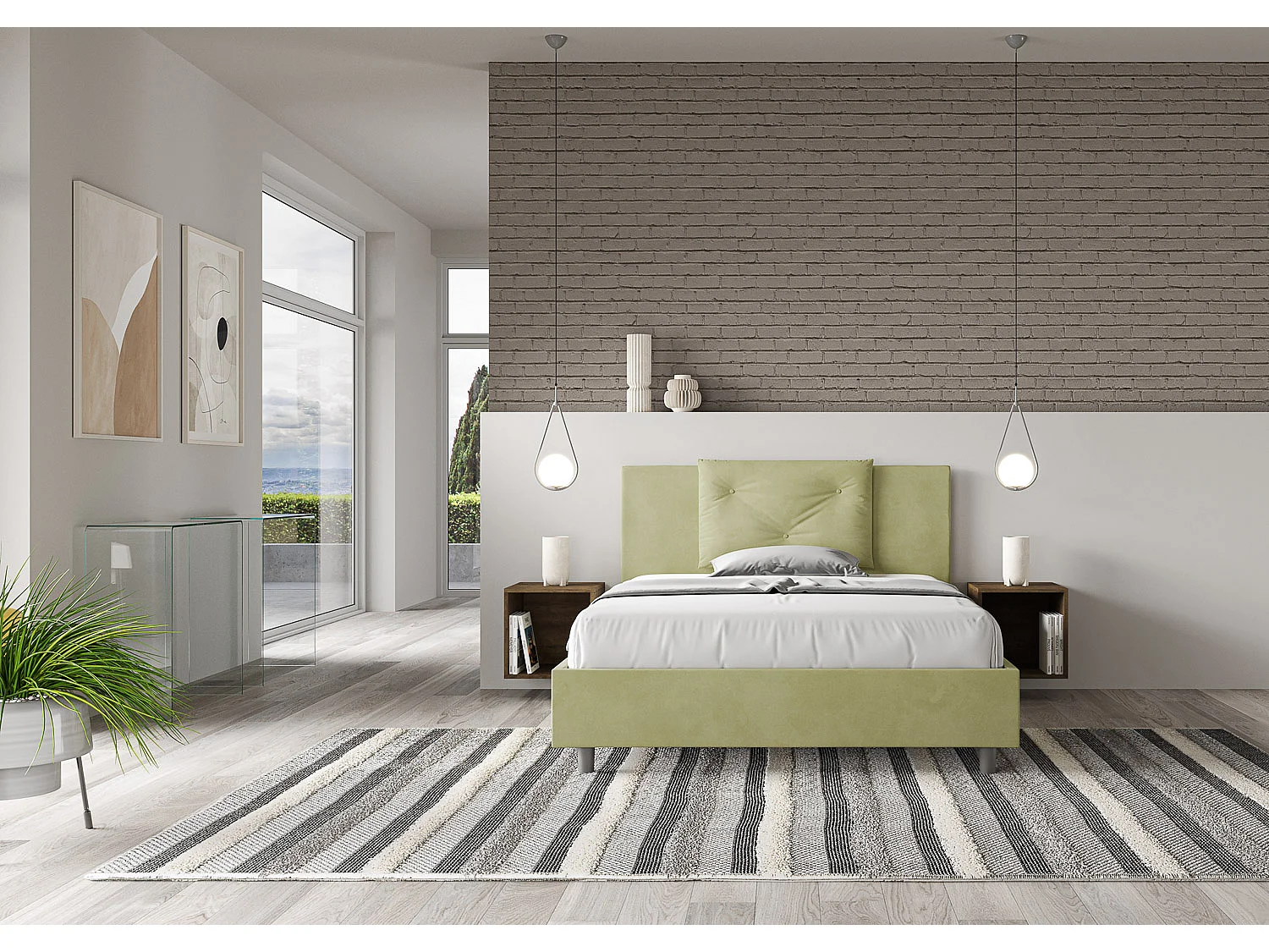 Lit double avec sommier rembourré 140x190 microfibre vert Appia