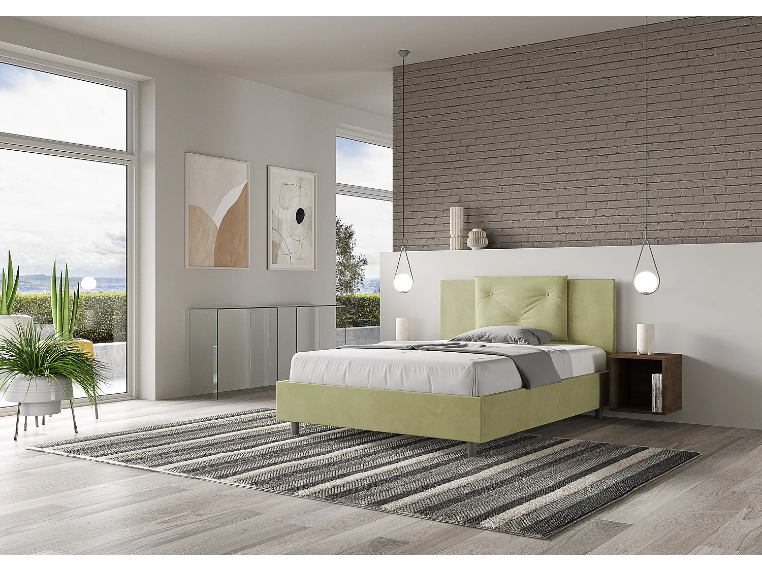 Lit double avec sommier rembourré 140x190 microfibre vert Appia