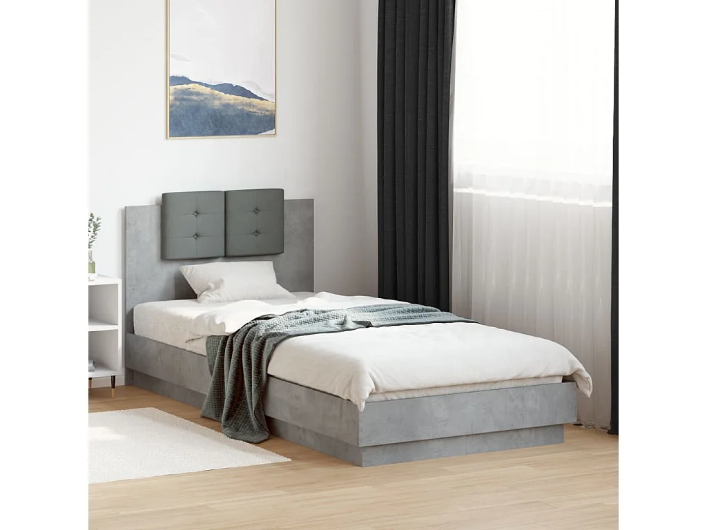 Cadre de lit tête de lit et lumières LED gris béton 100x200