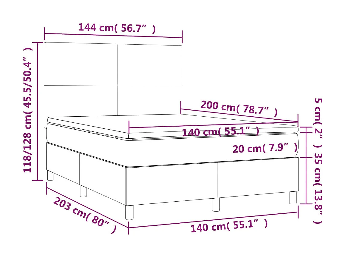 Sommier à lattes de lit avec matelas LED Gris foncé 140x200
