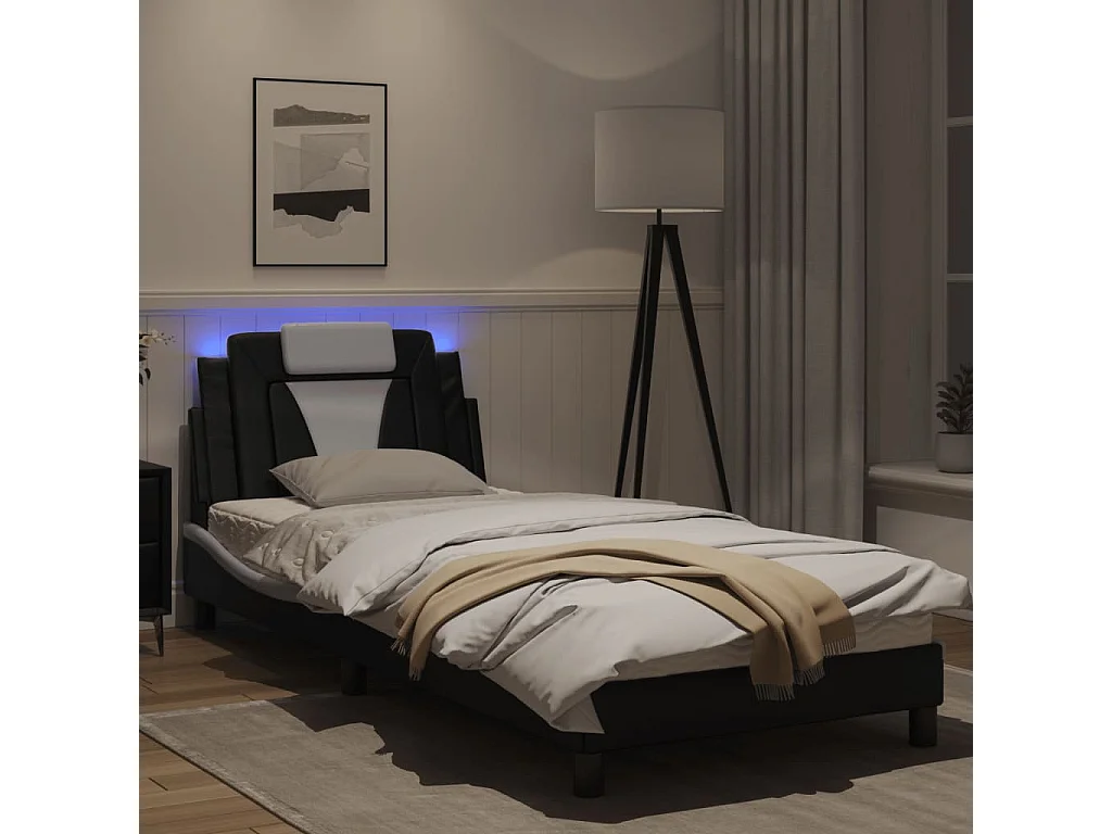 Cadre de lit avec lumières LED noir blanc 90x190 similicuir