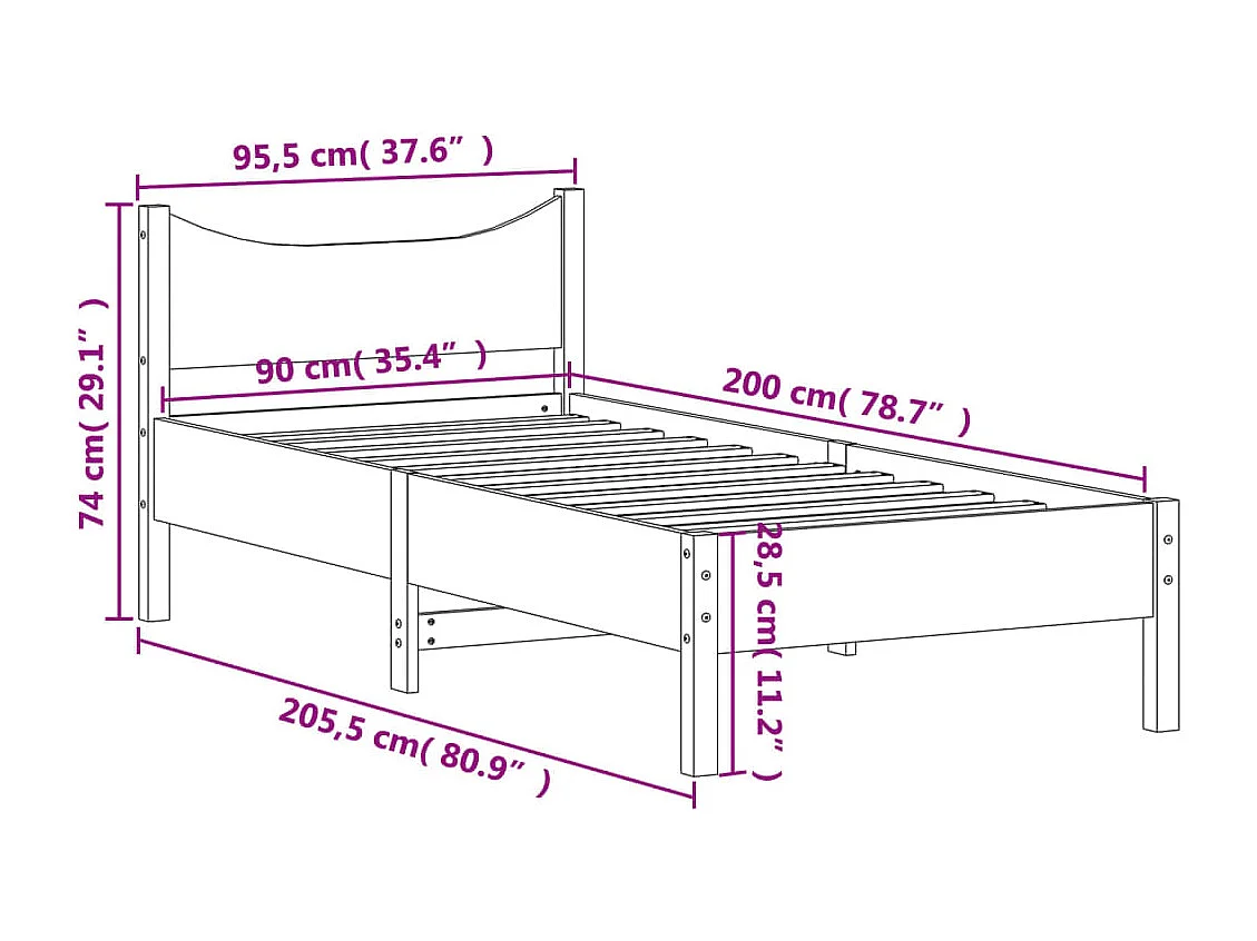 Cadre de lit 90x200 bois de pin massif