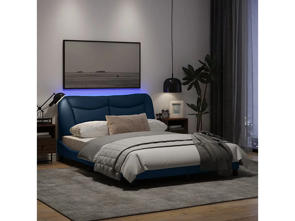 Cadre de lit avec lumières LED bleu 140x190 tissu