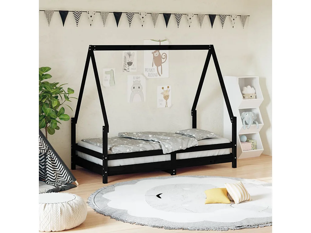 Cadre de lit pour enfant noir 80x160 bois de pin massif